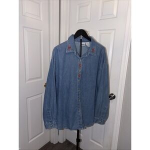 Vintage 90s Floral Embroidery Denim Shirt Basic Edition Y2K Grannycore Retro Lar